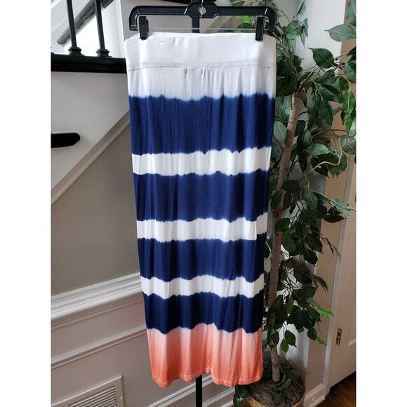 a.n.a Maxi Skirt Womens Large White Blue Striped Stretch Side Slit Drawstring - Picture 3 of 12